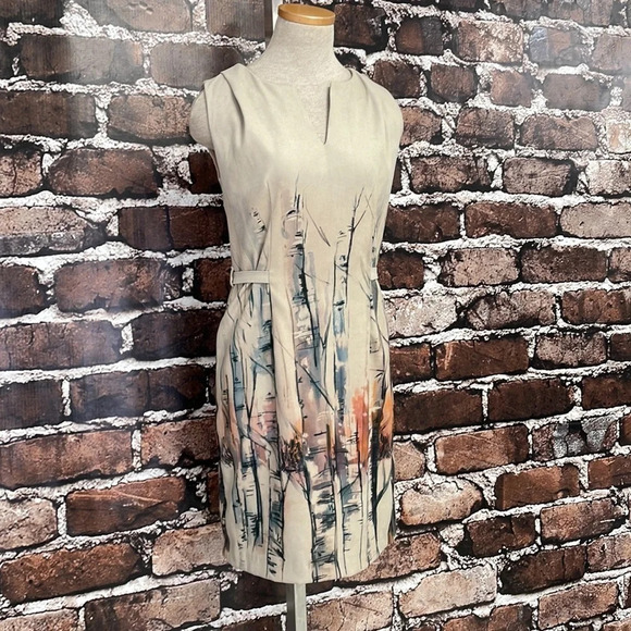 Lavand Dress Sheath Tan Sleeveless Tree Print Watercolor Size Medium - Picture 7 of 16